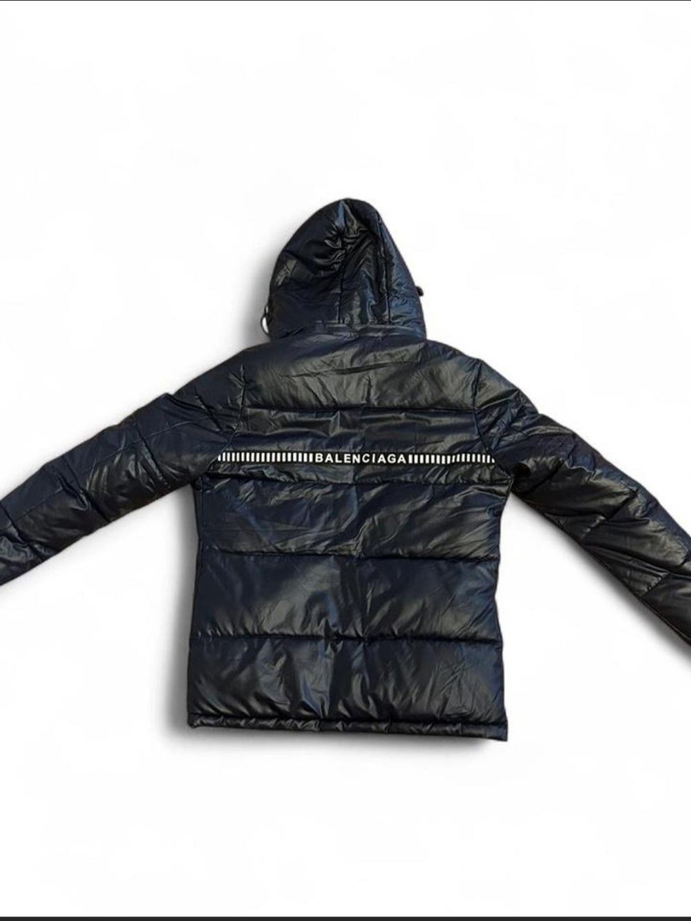 Balenciaga Black Hooded Quilted Puffer Jacket with White Back Logo Stripe